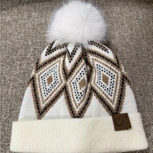 C.C. Cream and Brown Geometric Knit Beanie